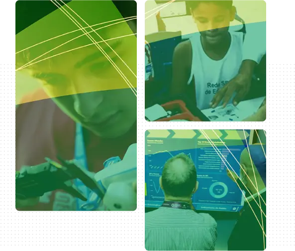 Montagem com três imagens: um jovem sorridente com uniforme do WorldSkills Brasil, uma mulher trabalhando em um laboratório e uma cientista operando um equipamento.