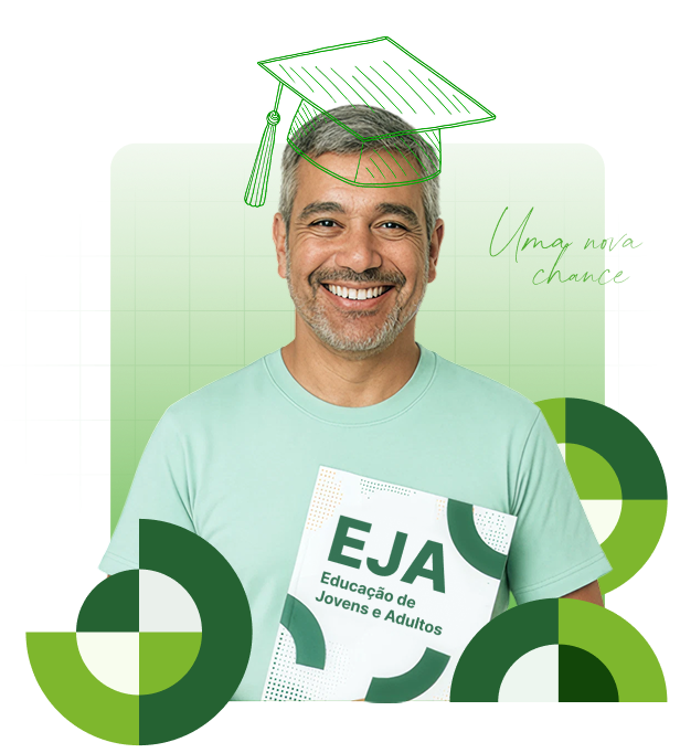 Um homem grisalho e sorridente segura um livro com a capa escrita "EJA - Educação de Jovens e Adultos". Sobre sua cabeça, há o desenho de um chapéu de formatura.