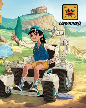 Desenho de adolescente sentada em um robô.