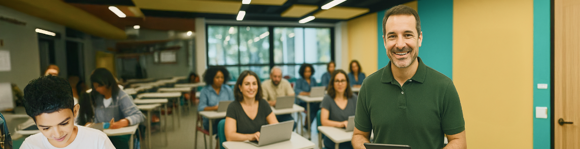 Professor sorridente durante aula com alunos