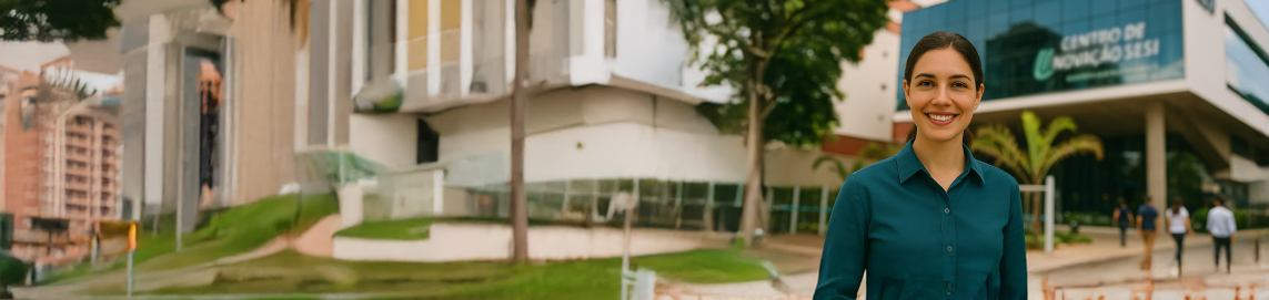 Mulher sorrindo em frente ao Centro de Inovação SESI, olhando para a câmera