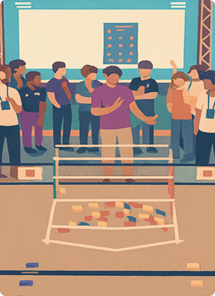 lustração de uma equipe de alunos e mentores em uma arena de uma competição de robótica. Uma pessoa com uma camiseta roxa está gesticulando em direção a uma pista de competição com uma grade e vários blocos.