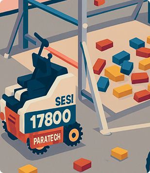 Ilustração com um close-up de um grande robô com o número "17800" e a palavra "PARATECH" impressos na lateral. O robô está em uma pista de competição com vários blocos coloridos espalhados.